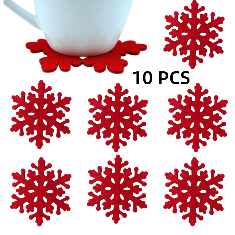 TEMU 10pcs Christmas Felt Snowflake Coasters, Red Reusable Coffee Pad, Tabletop Decoration Mats, Suitable For Home, Kitchen, And Party Holiday Table