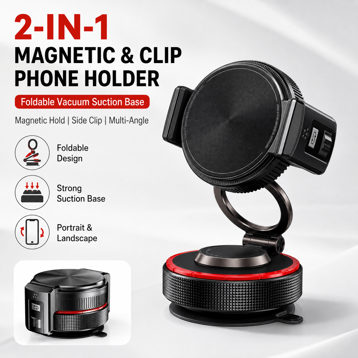 TEMU 2-in-1 Foldable Magnetic And Clip Car Phone Holder, Vacuum Suction Base Multi-angle Rotation Smartphone Mount For Dashboard