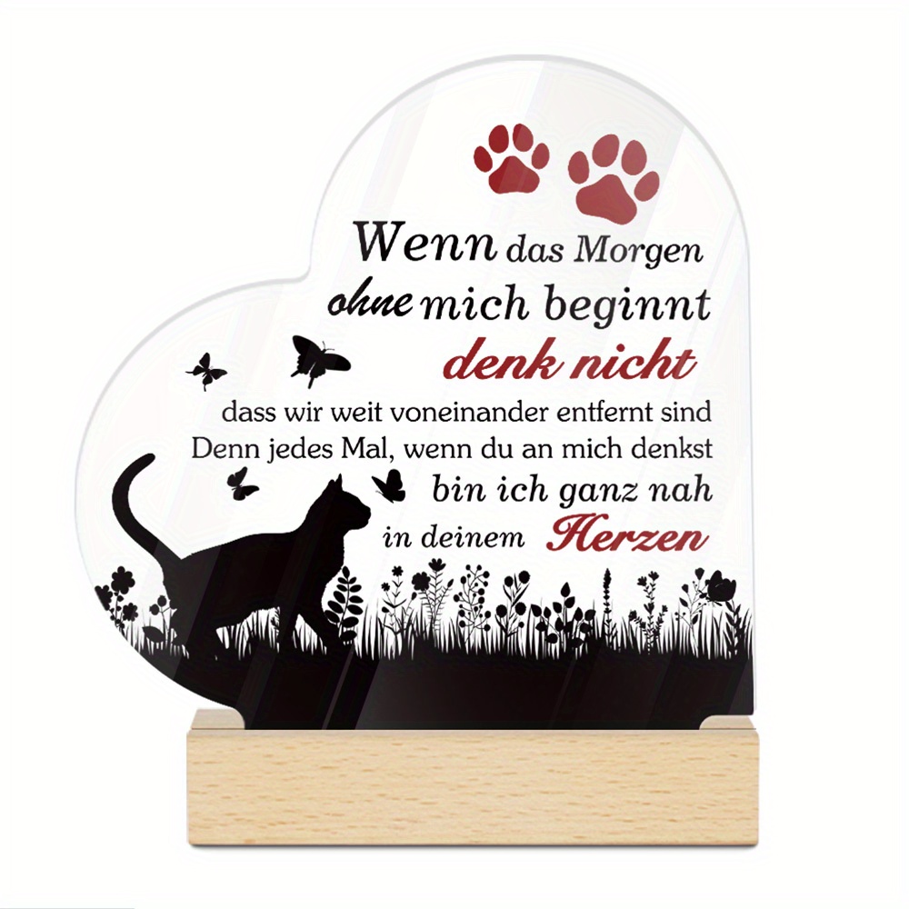 TEMU 2D Flaches Herzförmiges Acrylschild mit Holzsockel - "Wenn Morgen Ohne Mich Anfängt" Gedenkstück für Haustiere, Zeitgenössische Tischdekoration