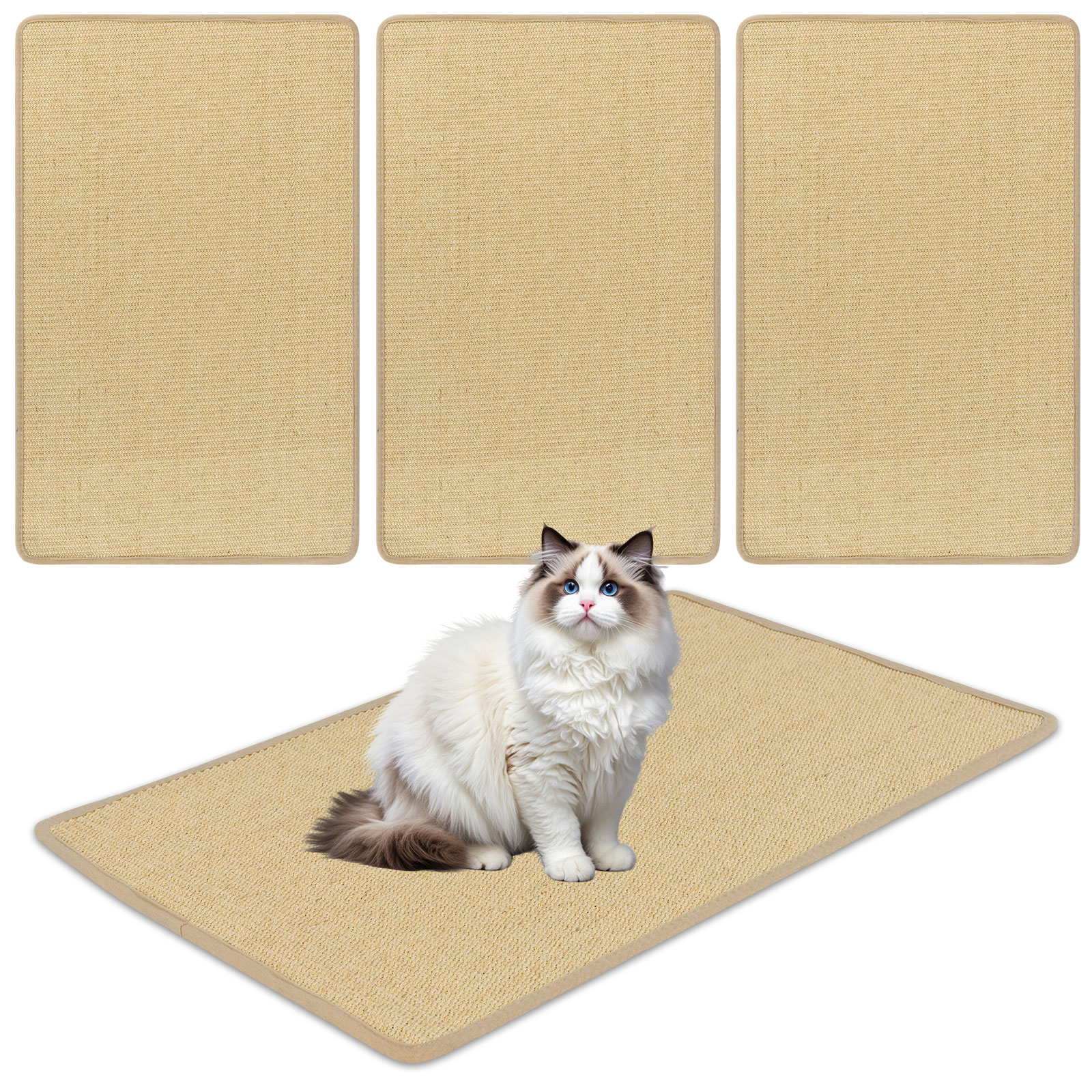 Image of 2pcs Natural Sisal Cat Scratcher Mat Set With Tape - Horizontal Floor & Wall Scratching Rugs Suitable For Indoor Cats, Furniture, Kitty Scratcher Pads