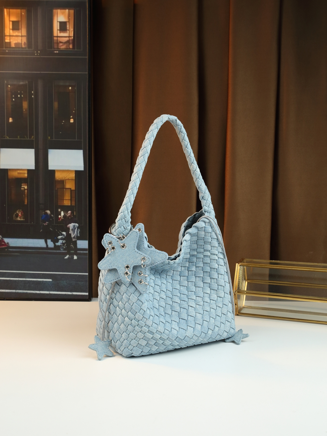 Burgundy Bucket Bag Five-Pointed Star Accessory