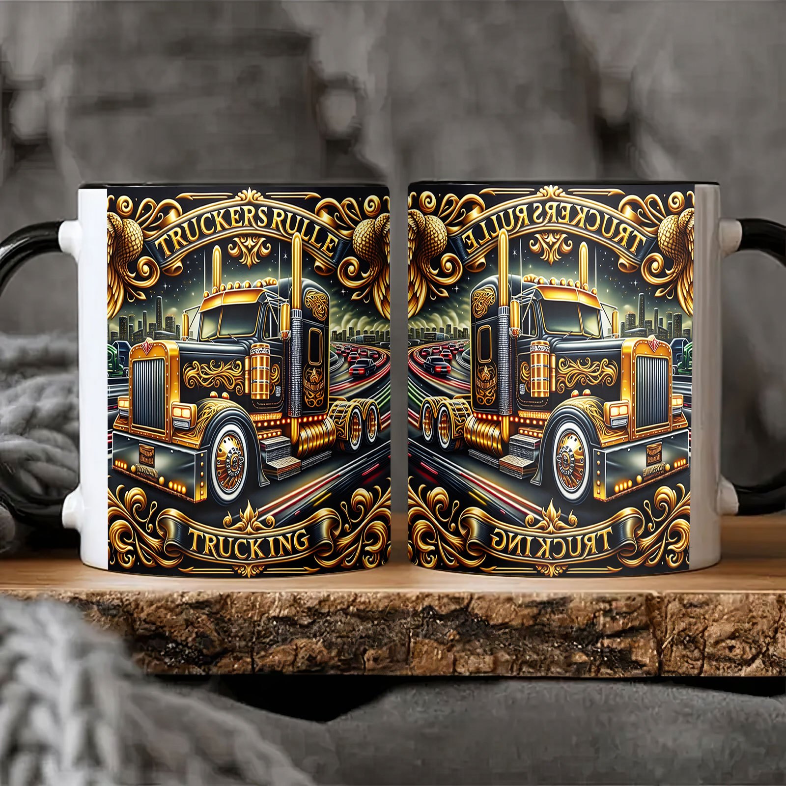 1pc 11oz vintage truck themed ceramic mug with black handle ideal for coffee tea milk wine ornate golden cityscape design perfect gift for birthdays valentines day easter 3