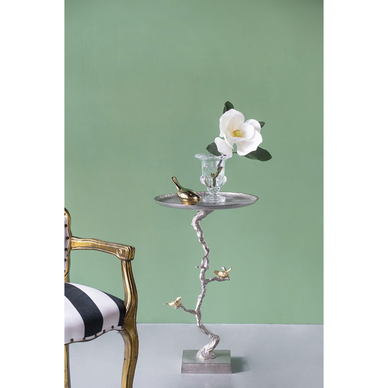 16.9x16.9x28' Round Aluminum Side Table with Sier Branch Design and Golden Bird Accents