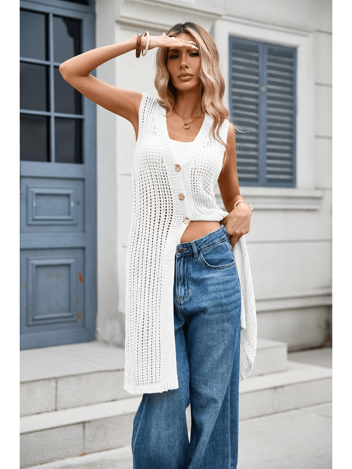 Crochet Cardigan White Sleeveless Cardigan Long Women's Sleeveless