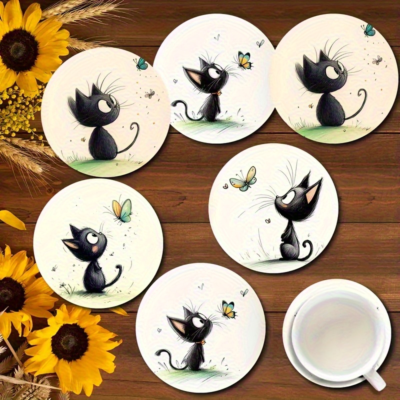 TEMU Un juego de 6 posavasos redondos de madera de color con diseños de gatos negros y mariposas de dibujos animados, resistentes al y