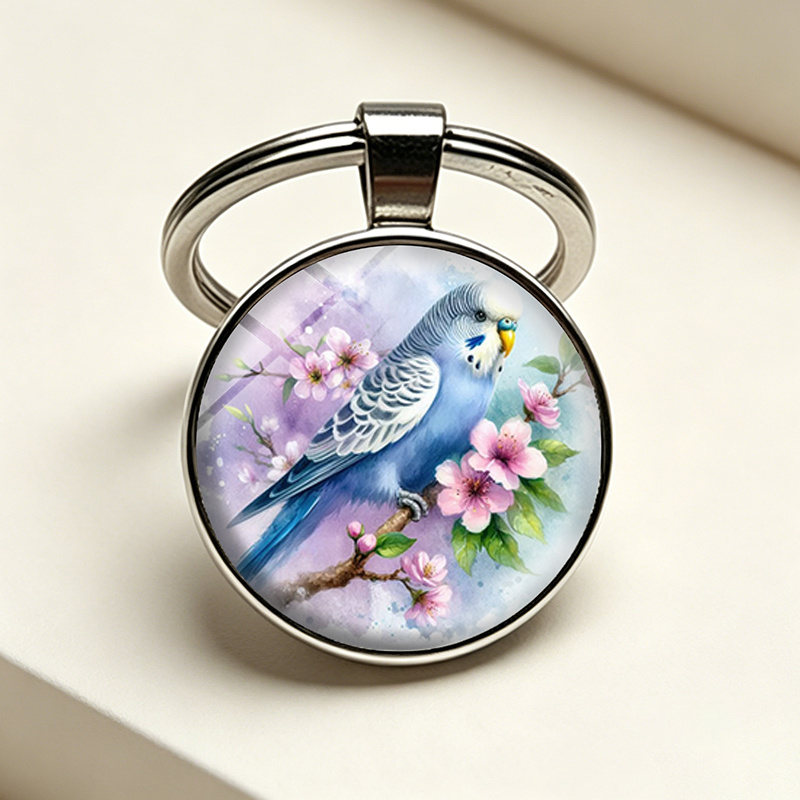TEMU 1pc Watercolor Blue Budgie Parakeet Round Glass Dome Keyring Fashion Handmade Backpack Car Keychain Gifts