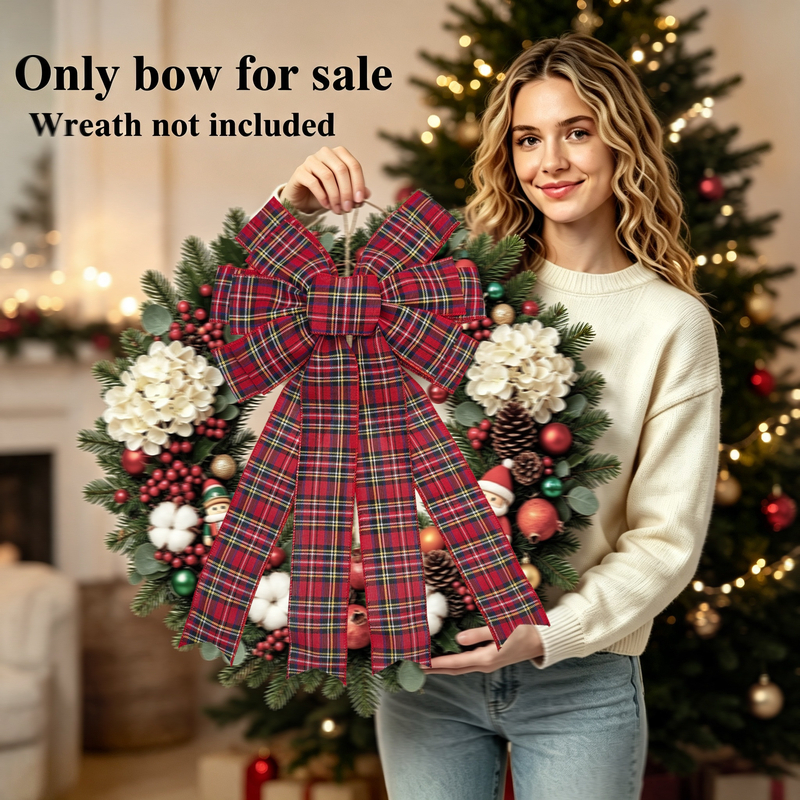 TEMU 1pc/h:20in W:12in Large Wreath Bow, Christmas Scottish Decorative Bow For Wreath Decor, Door Hanging Decor, Wall Decor, Chair Back Decor