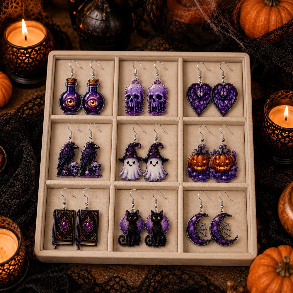 TEMU Ensemble d'accessoires de décoration de bijoux avec boucles d'oreilles violettes d'Halloween, 18 pièces/9 pièces, comprenant des de crâne, de ,