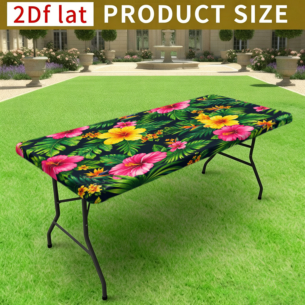 TEMU 1pc Rectangular Summer Outdoor Elastic Stretch Edge Tablecloth, Hibiscus Palm Leaf Pattern Printed Tablecloth, Stretchable And Tablecloth,