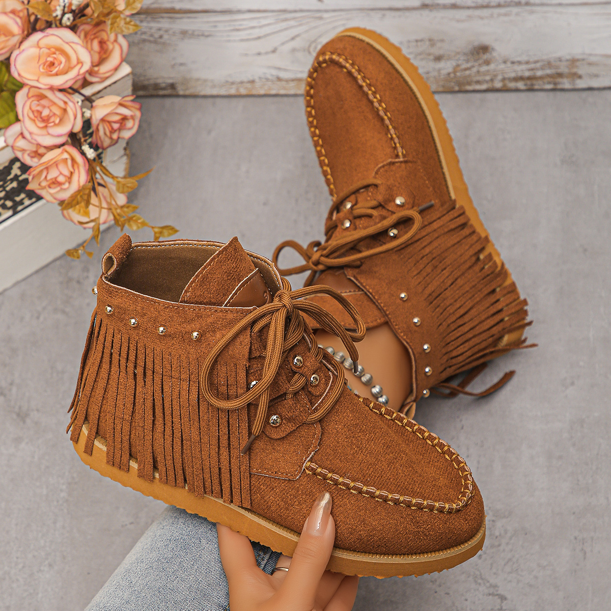 TEMU Rivet Tassel Ankle Boots And Short Boots, Lace-up, Outdoor, Sport,, New Style, Elegant, Simple, Comfortable, Casual, For Parties, Daily Wear,