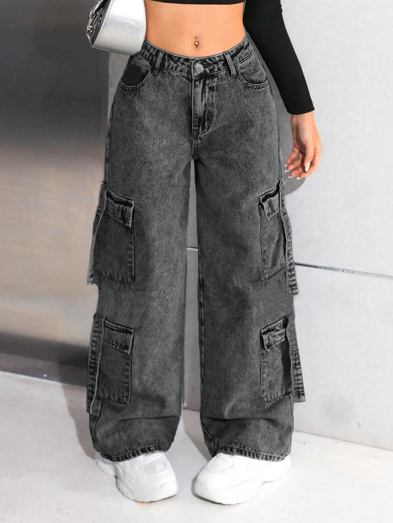 Women's Loose Fit Denim Cargo Pants - Mid Waist Washed Jeans With Pockets, Multiple Sizes