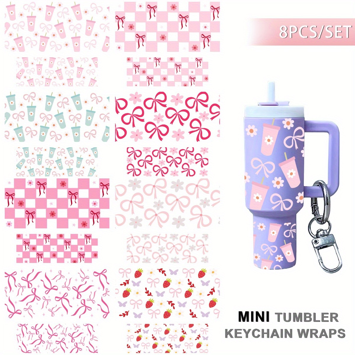 TEMU 8 pièces Ruban Nœud MINI UV DTF Porte-clés Emballage, Papier de Transfert Résistant à pour DIY, Idéal pour Porte-gobelet Miniature et Cadeaux