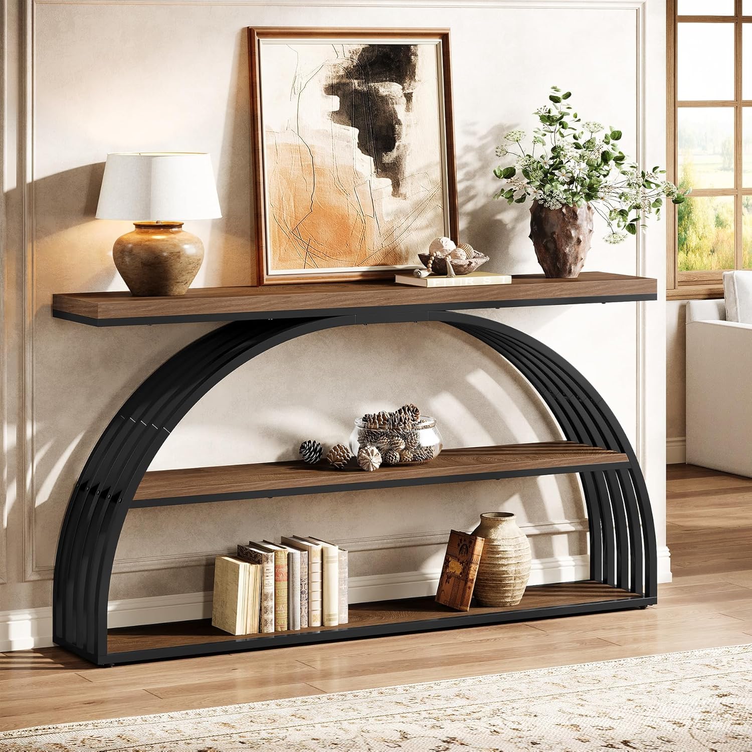 Image of 63-inch Console Table For Entryway, Farmhouse Entryway Table With Arched Frame, 3-tier Industrial Sofa Console Behind The Couch For Living Room, Foyer, Hallway, Rustic