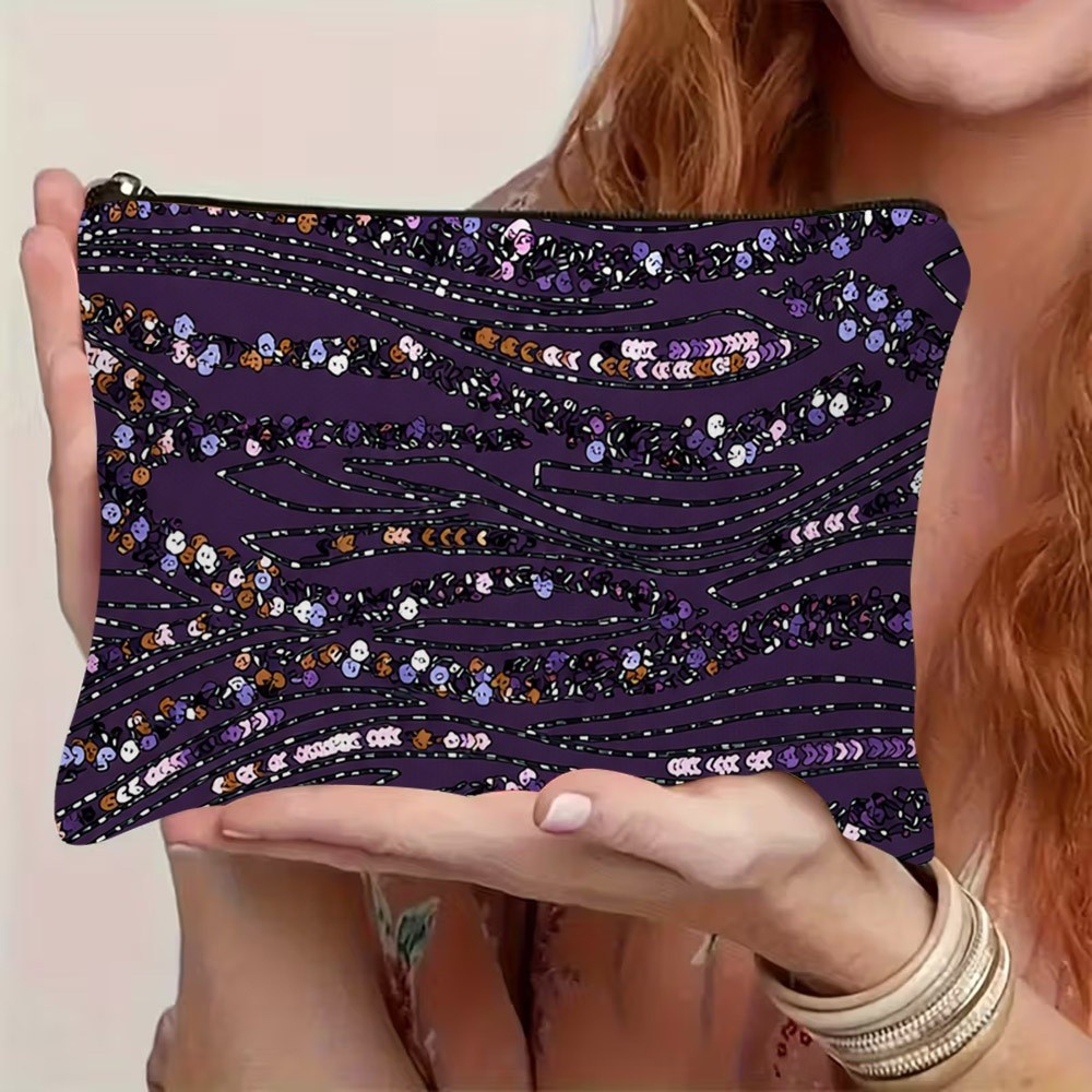 TEMU [ del prodotto] Pochette da donna, borsetta da trucco viola con paillettes e stampa, organizer multifunzionale portatile, borsetta organizer da
