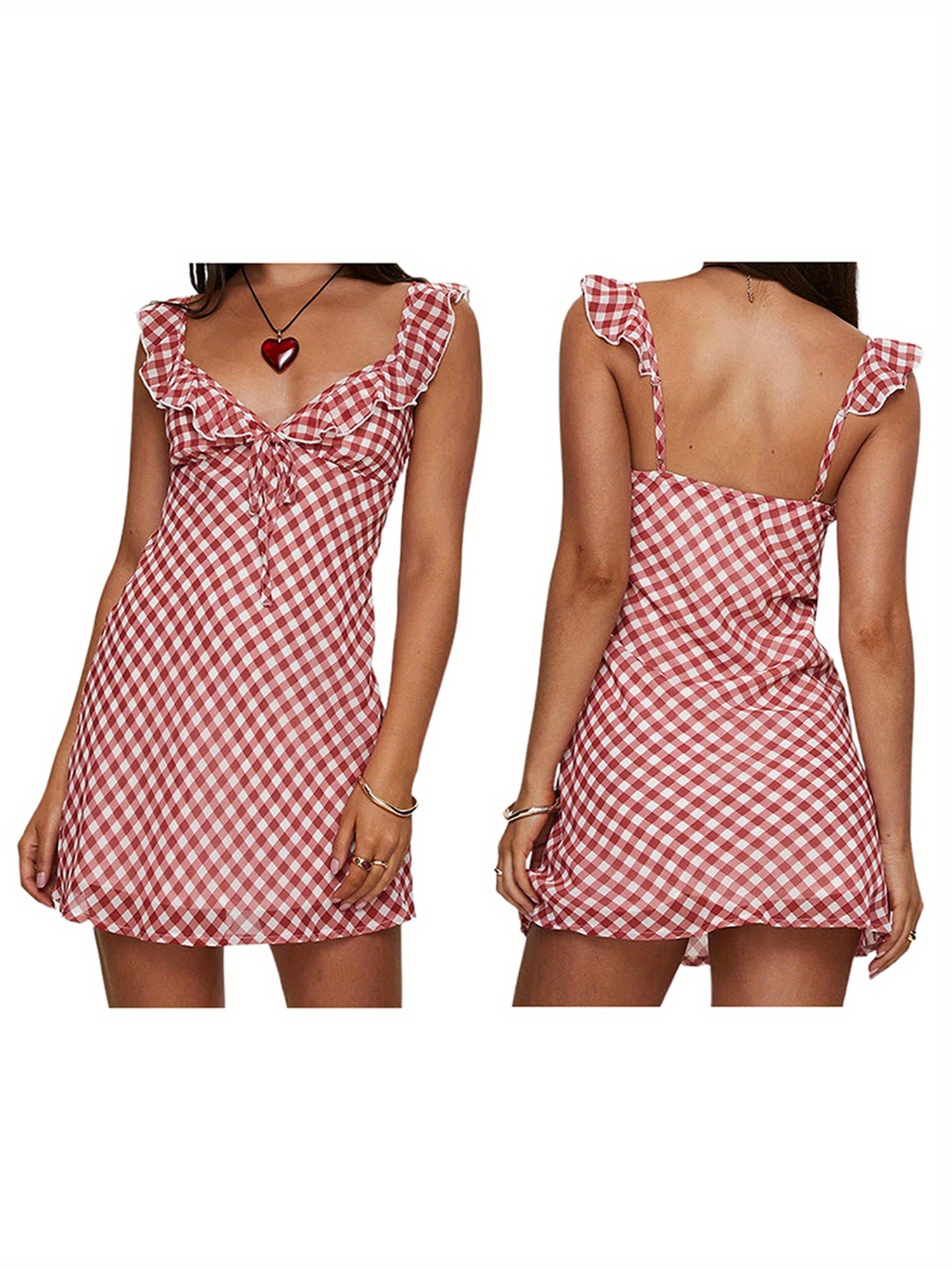 womens red white gingham check mini dress sleeveless v neck - Temu