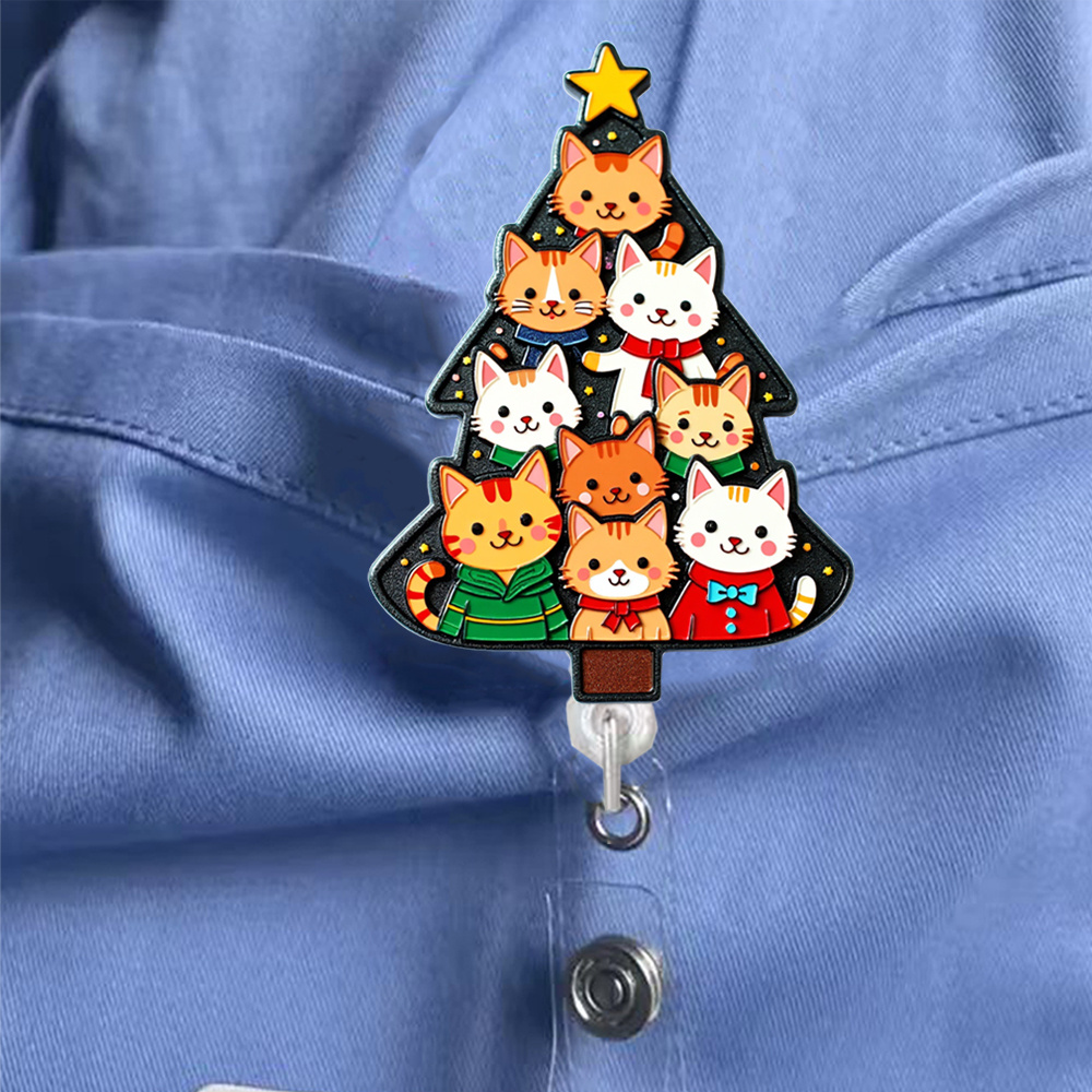 TEMU 1 Christmas Tree Cat Id Badge Holder With Retractable Clip - 2d Flat Acrylic Cord Reel, 6 Cute Cat Characters (, Tuxedo, , Maine Coon) - Durable