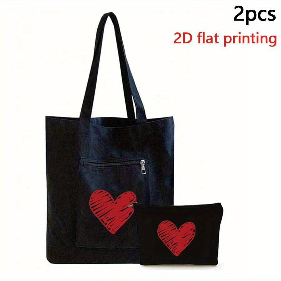 TEMU 2pcs Borsa Tote con Stampa Cuore 2D di Grande Capacit�, Borsa a Spalla Casual da Donna per Viaggi, Pendolarismo e Shopping, con , 2D Flat