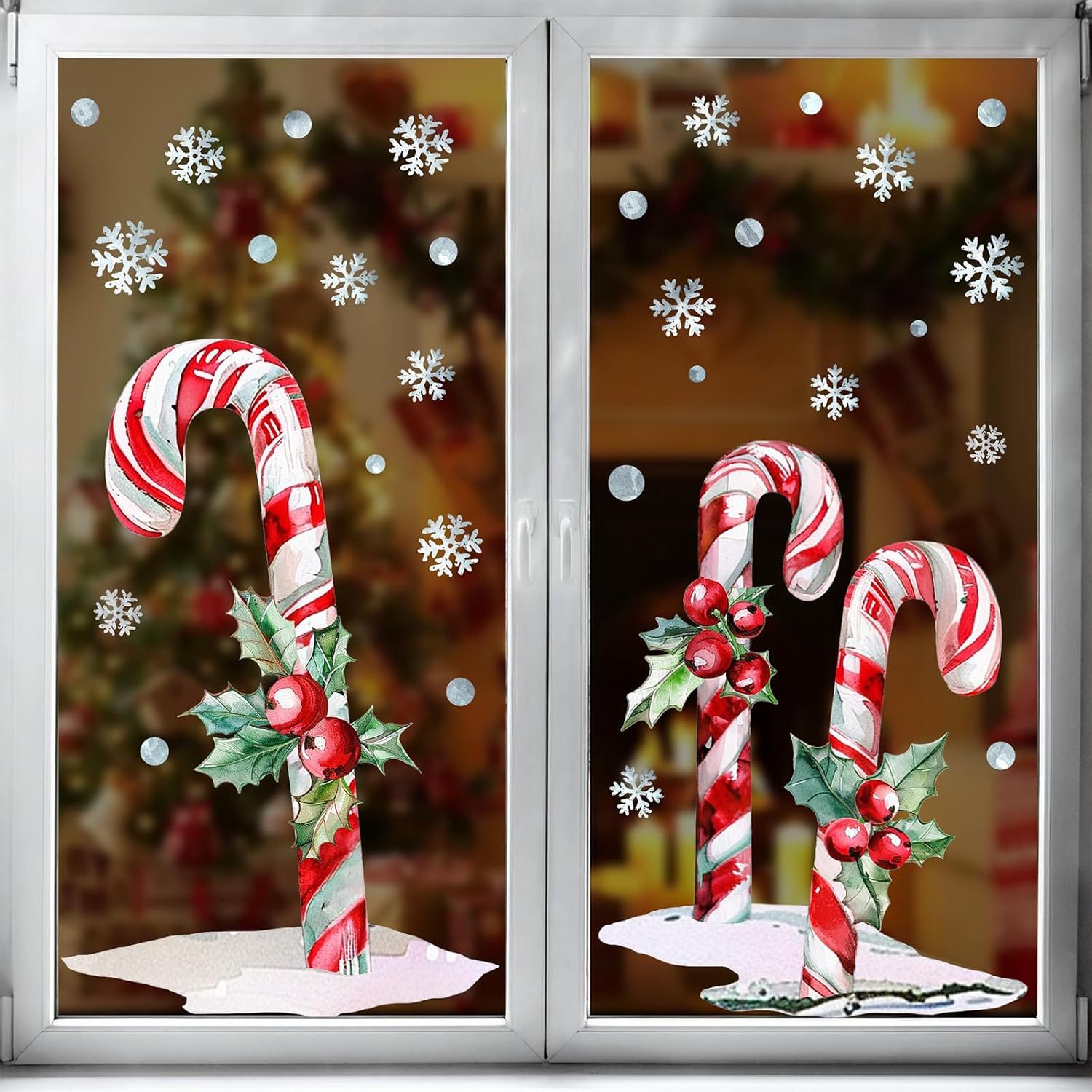 Image of Decorative Window Clings For Christmas Featuring Large Candy Canes With Red Berries And Holly Leaves, Along With Rustic Snowflake Stickers For In Homes And Offices