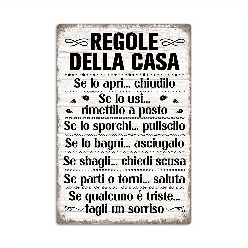 TEMU 2d Flat, 1pc Vintage Italian " " Metal Tin Sign - Rustic Wall Decor Rules In Italian & English, High Quality Weatherproof For Home, Bar, Cafe,