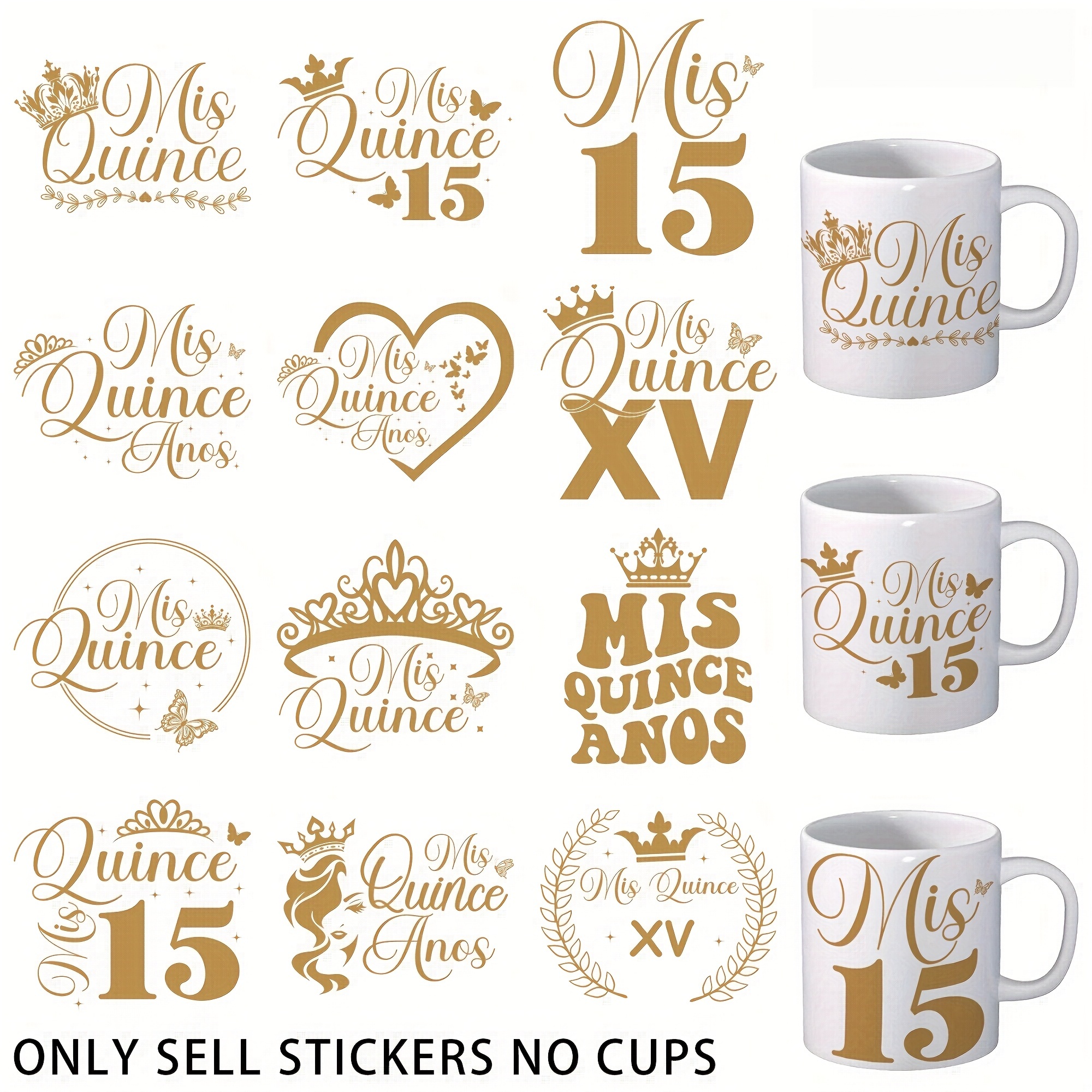 TEMU 12pcs Cadeau pour 15 ans Dorée 15 Ans Filles 15ème Anniversaire Couronne Papier Décoratif UV DTF - Papier de Transfert UV DTF Imperméable,