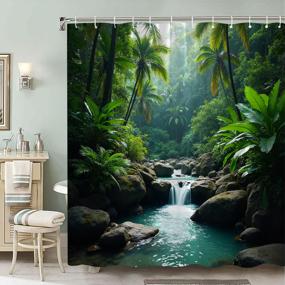 

1pc Waterfall Shower Curtain - 70x70 Inches, Polyester, Machine Washable With 12 Hooks, Vibrant Palm Trees & Stream Design For A Refreshing Bathroom Decor