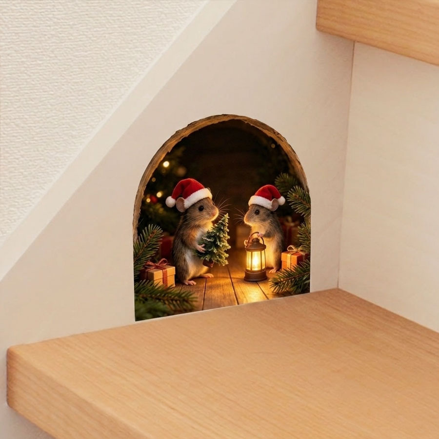 TEMU 1pc Christmas Little Mouse In Hole Scene Sticker 2d Flat Cute Wearing Santa Hat Mouse Holding Lantern Mini Christmas Tree Holiday Decoration