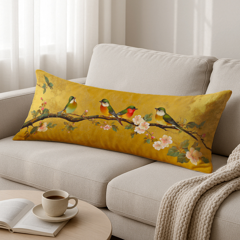 TEMU 1pc Large Contemporary Bird & Branch Watercolor Cushion Cover - Soft Plush Yellow Background With Birds, 20x54 Inch (51x137cm) Zippered