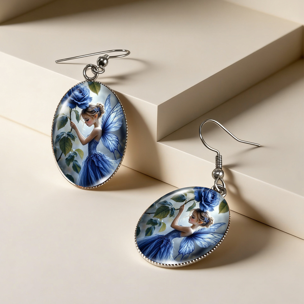 Dreamy Blue Rose Fairy Elf Picture Oval Earrings