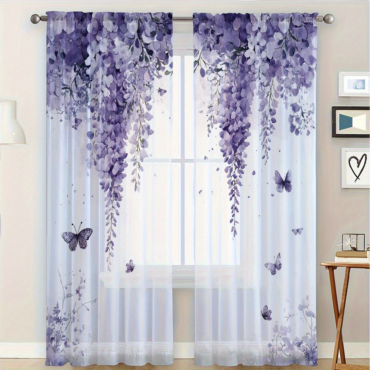 TEMU 2pcs Semi-sheer Curtains, Home Decor, Wisteria Flower And Print Sheer Window Curtains, Style Home Decor Window Sheers, Universal Window Drapery,