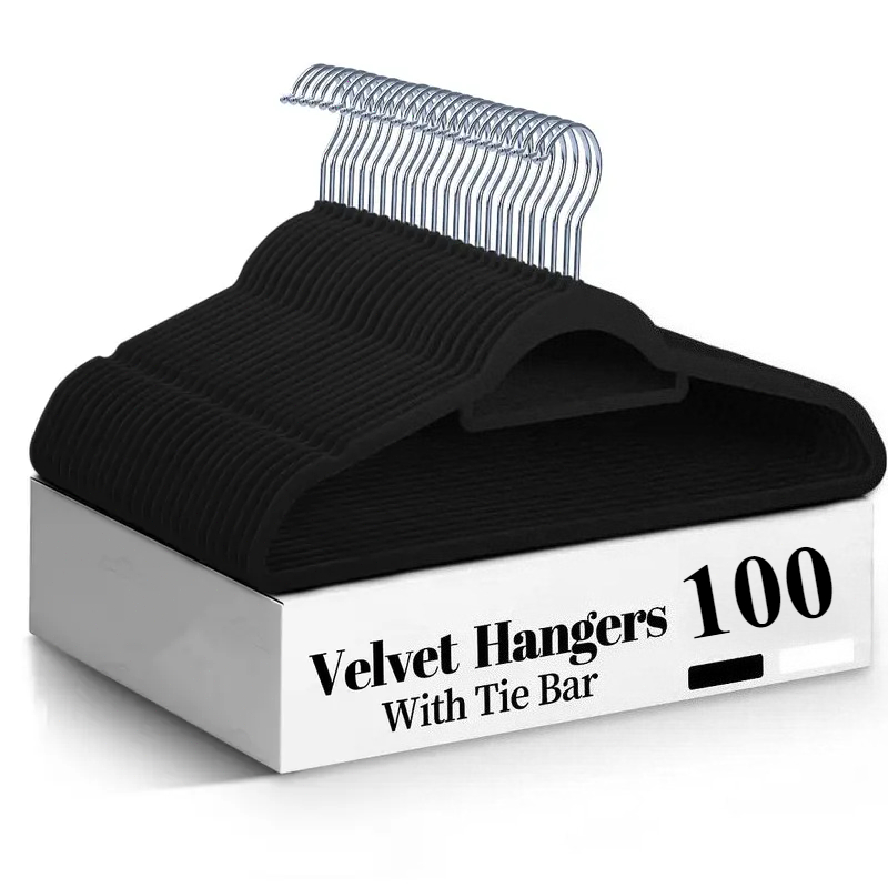 E-shop 60/100er-Pack, Schwarze Samt-Kleiderbügel, Rutschfeste Filz-Kleiderbügel, Langlebig, , Platzsparende Kleiderbügel mit 360° drehbaren silbernen