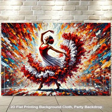 Pancarta de fondo 2D plana de 1 pieza de bailaora de flamenco en movimiento - Decoración para fiesta de baile español con rojo y llamas - Tela colgante sin necesidad de electricidad para cumpleaños, bodas, eventos culturales - Papel tapiz de fácil instalación para sala de estar, dormitorio, oficina