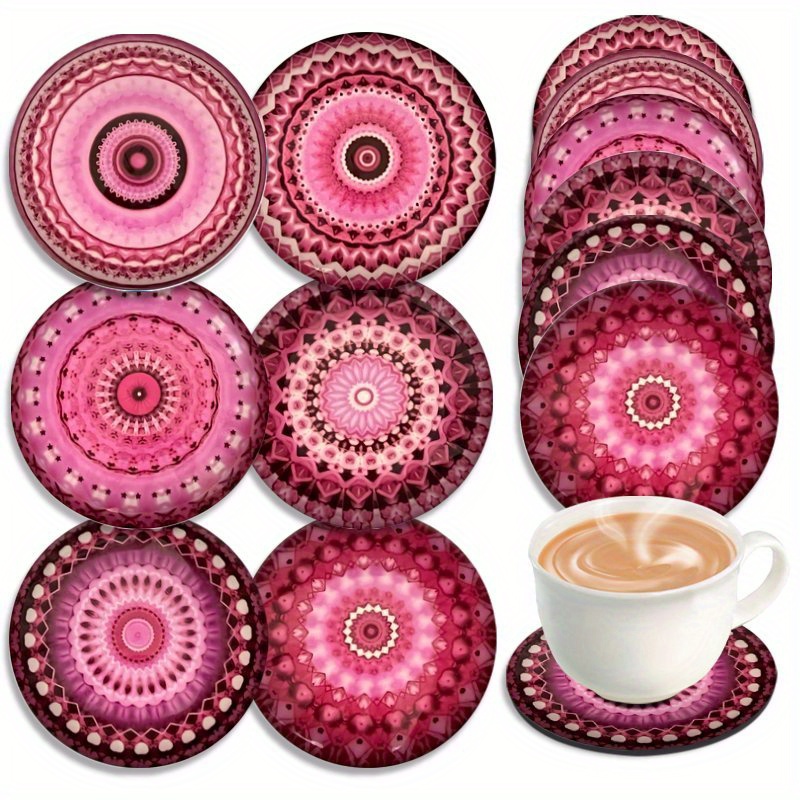 E-shop 6er-Set Pinke Mandala Kunst Untersetzer, 2D Pinke Mandala Muster Holzuntersetzer, Geeignet für Terrassen, Küche, Wohnzimmer, Bestes