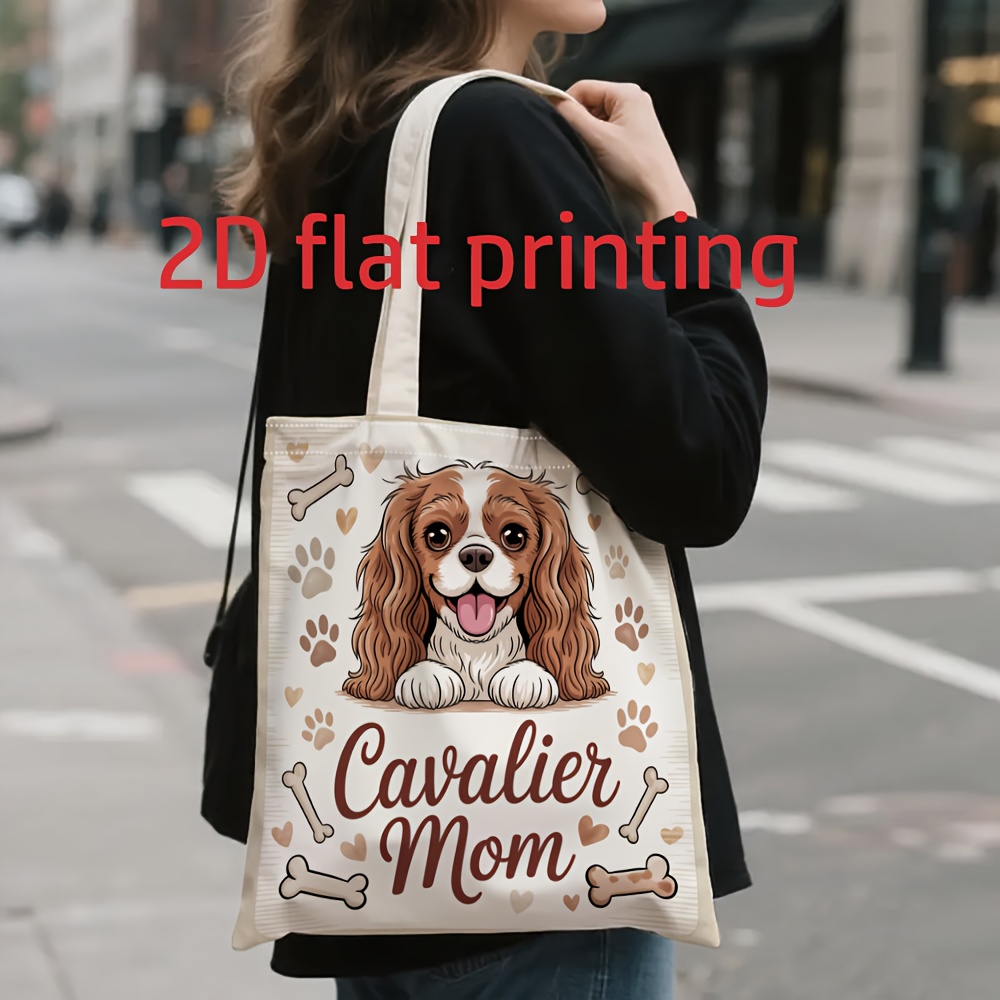 TEMU 1pc King Charles Spaniel Dog Themed Tote Bag - Foldable Reusable Gift With Spacious Interior For Books, Groceries, Daily Use - Cute Ckcs Design