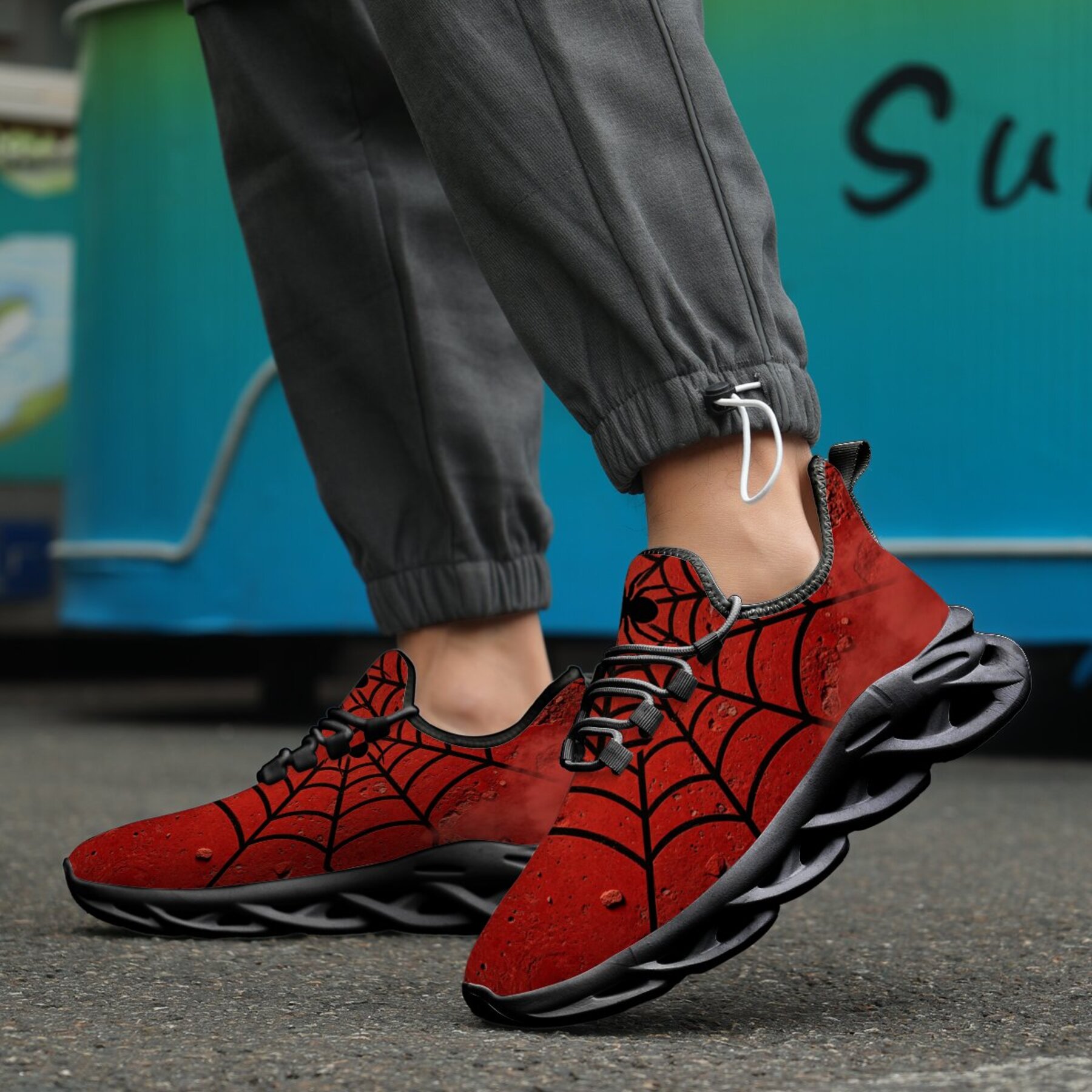 TEMU Men's Casual Shoes Youth Sneakers, Sole Center Black Spider Web Print, Breathable Knit Mesh Upper, Hollow High-elastic Cushioning Soft Sole,