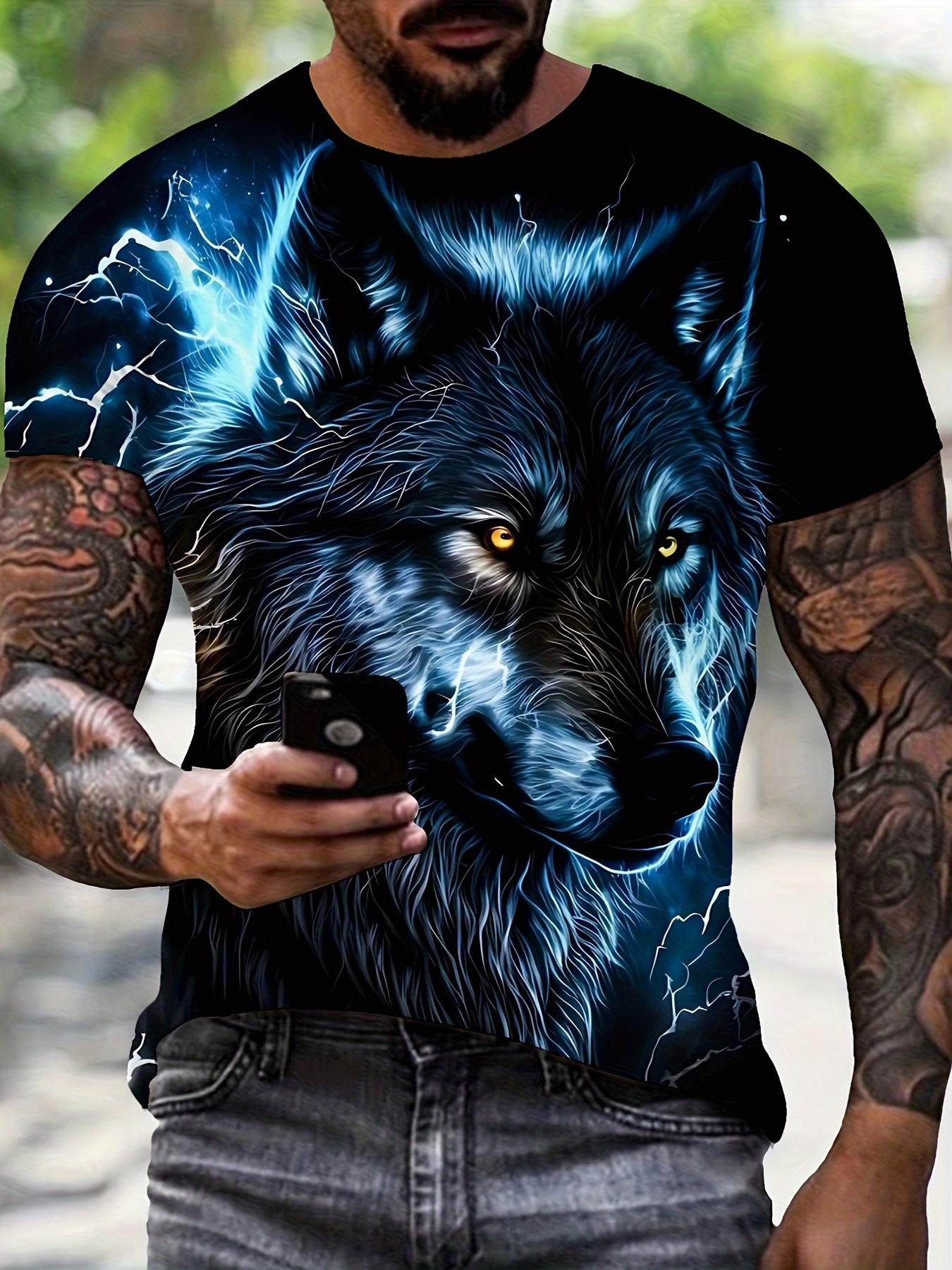 mens black t shirt with   wolf graphic crew neck casual shirt machine washable   top for everyday halloween outfits   graphic tee durable print quality