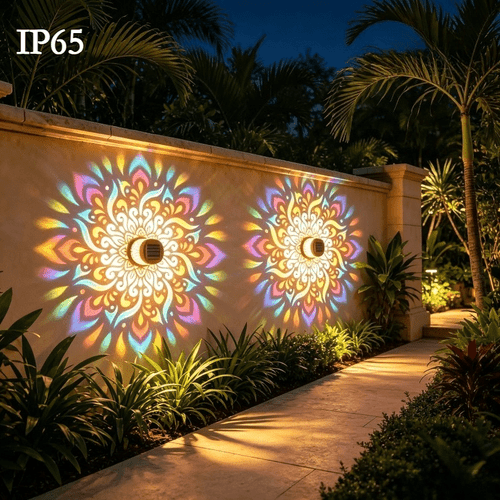 1 2pcs outdoor automatic light sensitive mandala projection wall lamp solar colorful led light ip65 night light on home staircase exterior wall solar atmosphere landscape lighting christmas decoration light