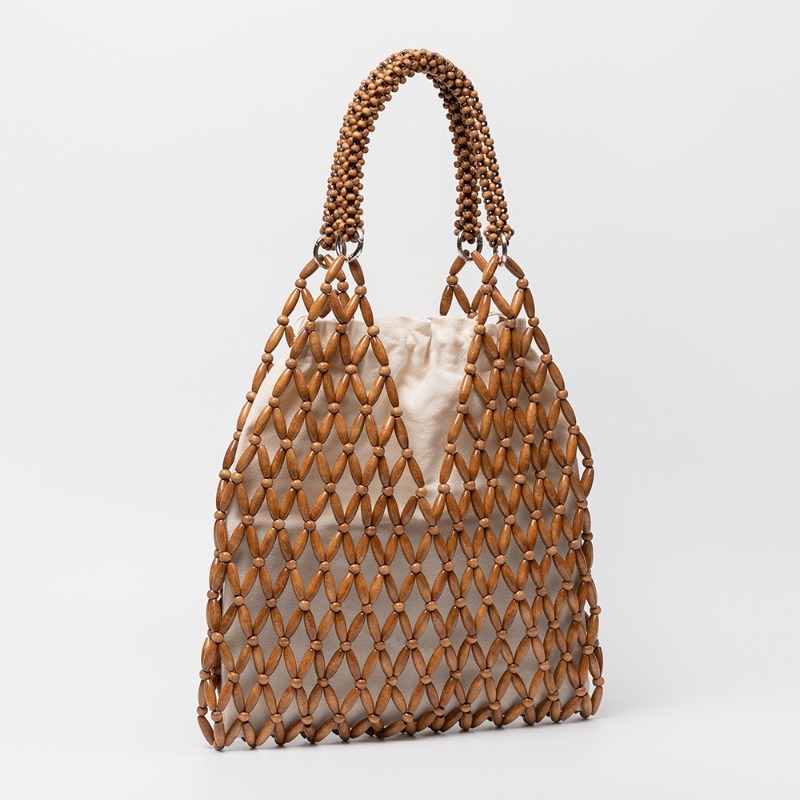 Image of Bohemian Style Hand-woven Wooden Bead Tote Bag, Large Capacity Hollow Shoulder Bag, Beach Bag