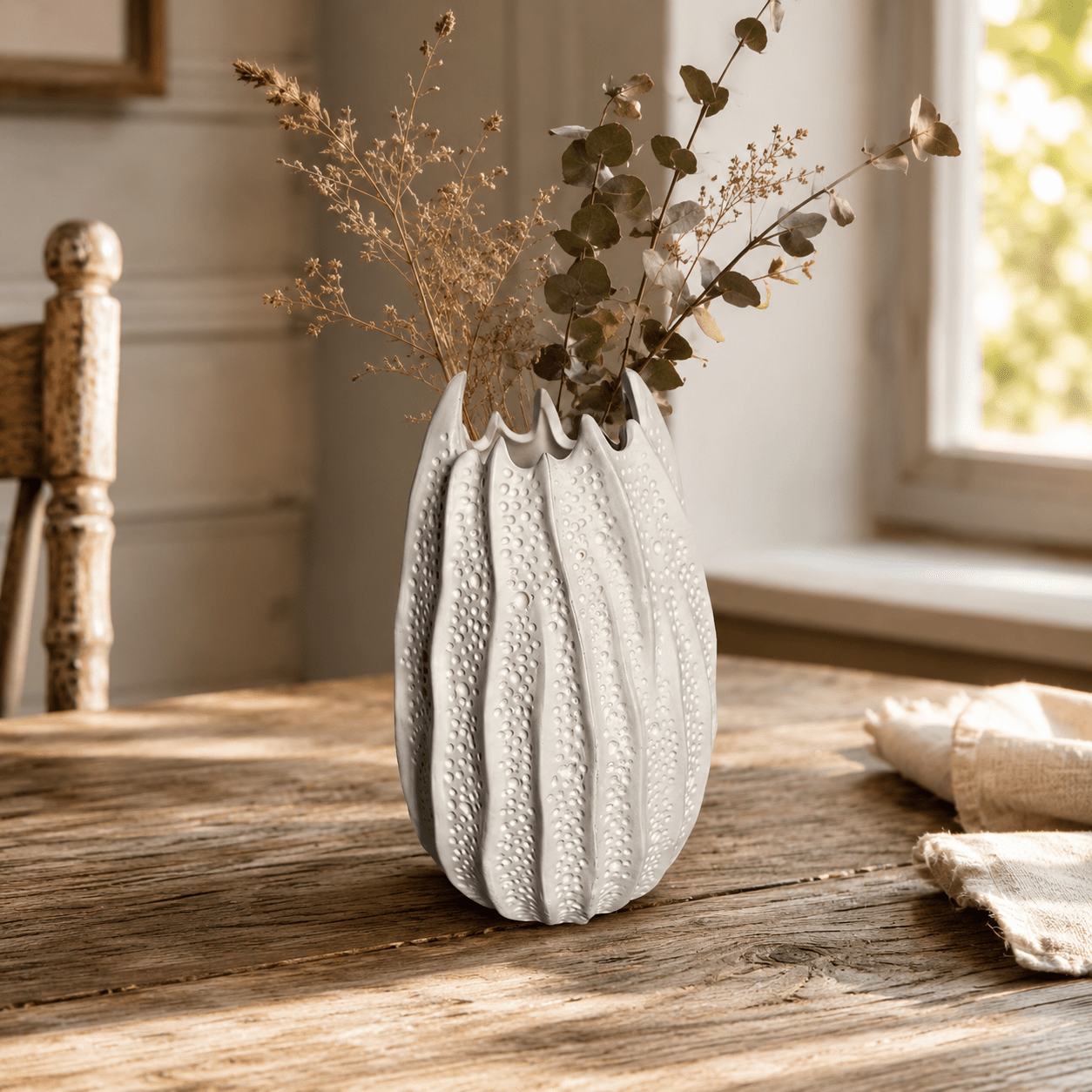 Sea Urchin Ceramic Vase Suitable for Bohemian & Nordic Decor - Modern Minimalist Round Cylindrical Urchin Vase, White Pattern Tabletop Centerpiece for Dried Flowers, Sea-Themed Home Ornament for Living Room, Coastal Gift