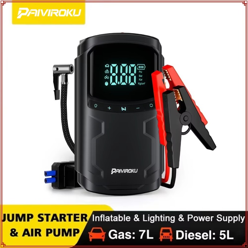 TEMU Car Jump Starter With Air Compressor 5000a Auto Battery Booster 150psi Air Pump Portable Power Bank Tire Inflator Lighting