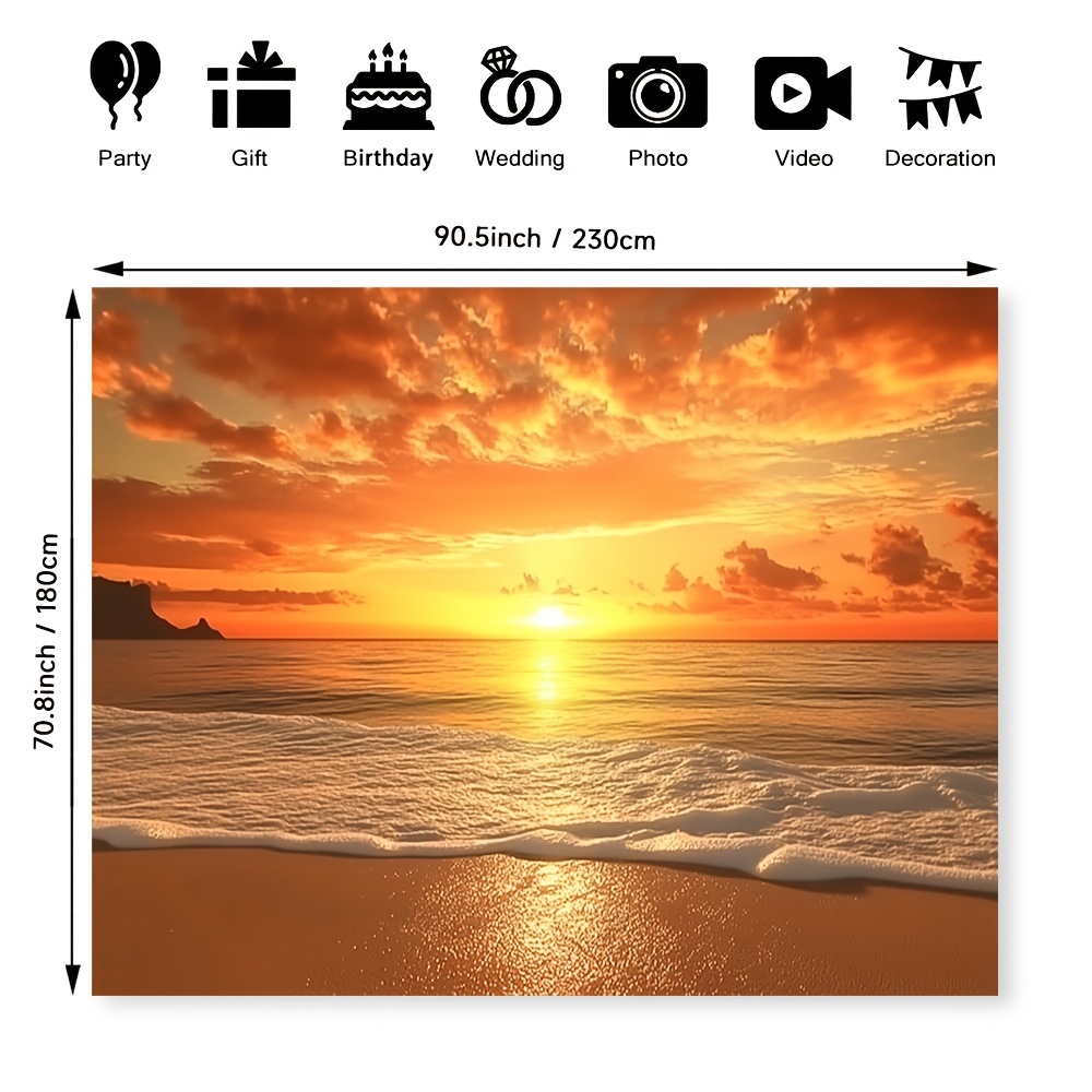 2d flach, realistischer sonnenuntergang-strandhintergrund mit goldenem sand & meereswellen - lebendiger orange & gelber fotohintergrund für hochzeiten, geburtstage, fotoshootings - maschinenwaschbar, türkisfarbenes wasser wandkunst für wohnkultur, partys & events, 2d flach