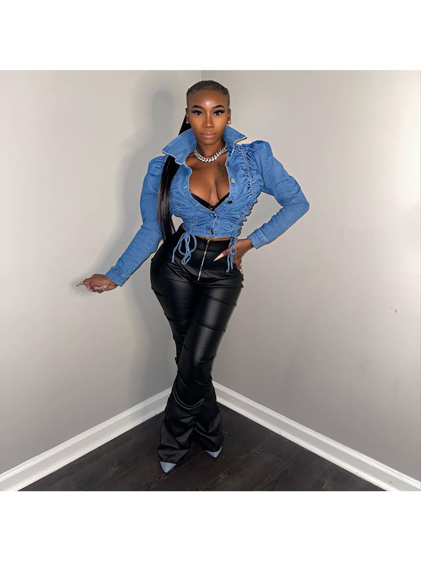 puff sleeve denim jacket sold on Temu United States