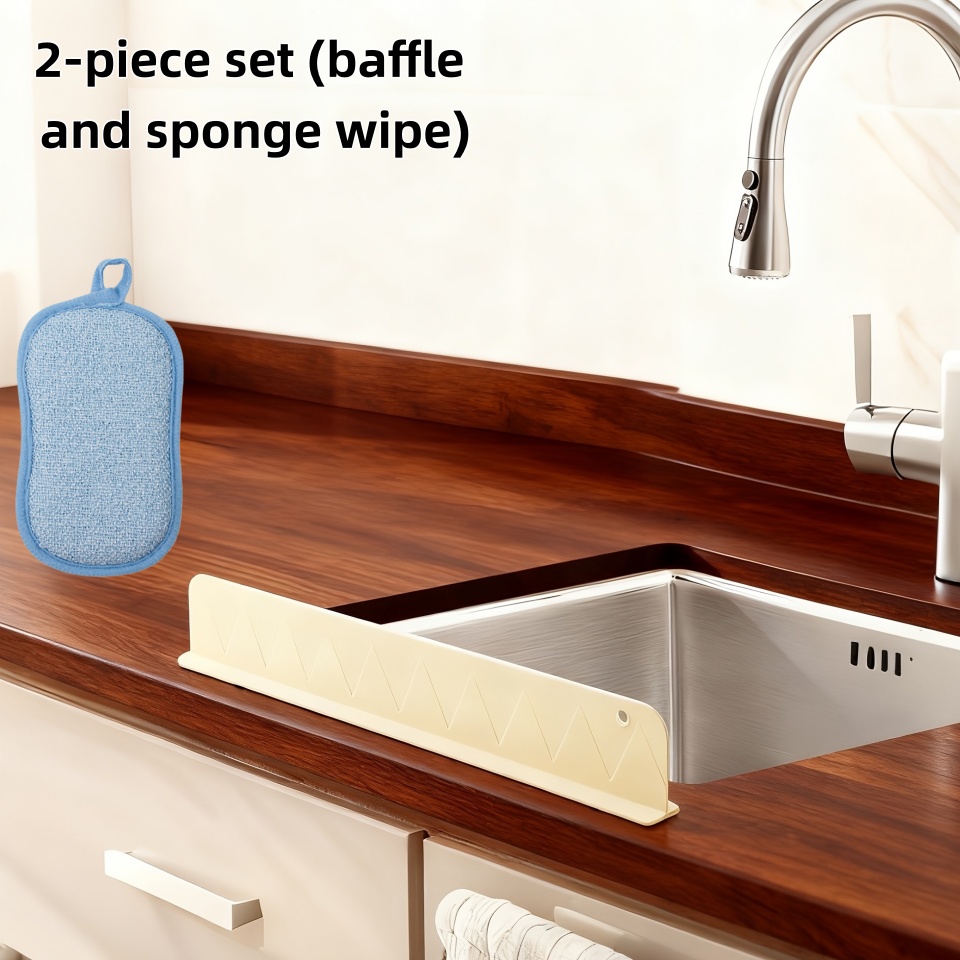 TEMU 2pcs Set Beige + Sponge Scrubber Kitchen Sink Silicone Splash Guard - Non-slip, Easy-to-clean Countertop Barrier With Large Suction Cups, Fits