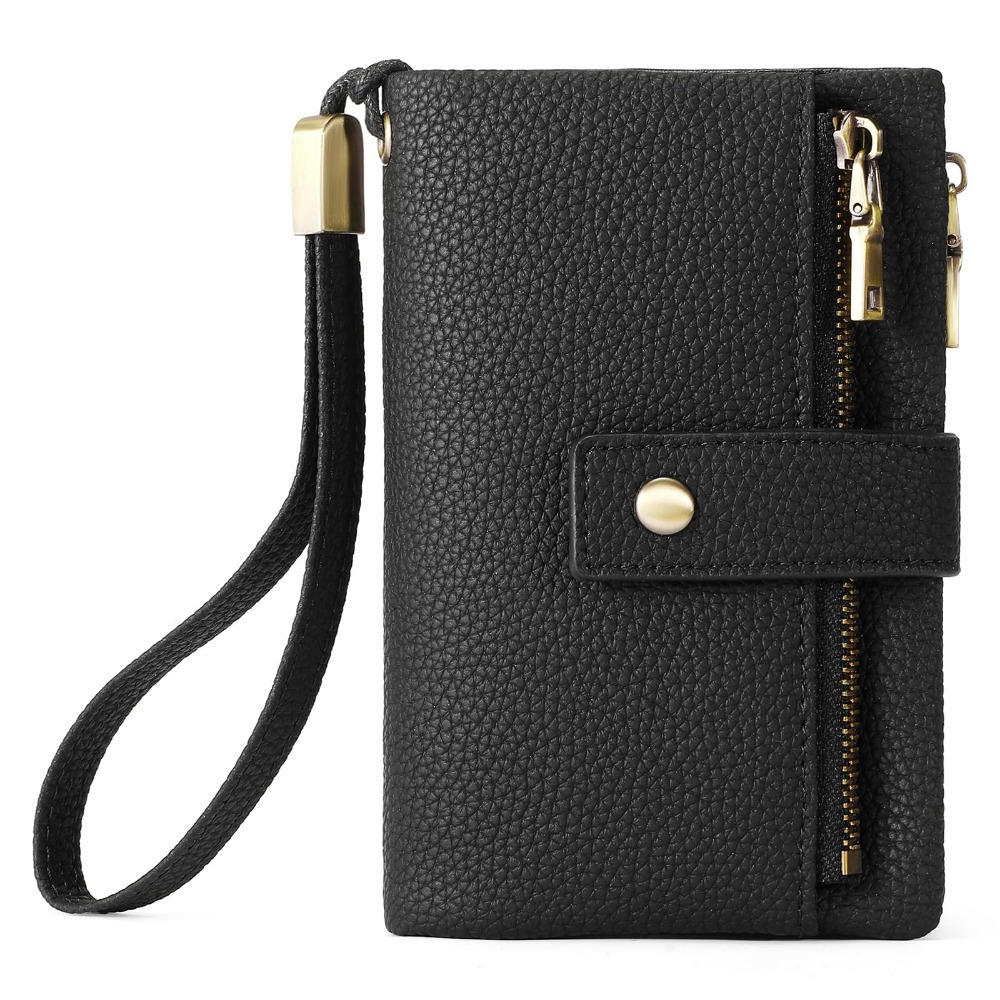Women's Leather Strap Wallet - Detachable Rfid Blocking Wristlet With 17 Card Slots, Solid Color Double Zipper Organizer For Travel/gift