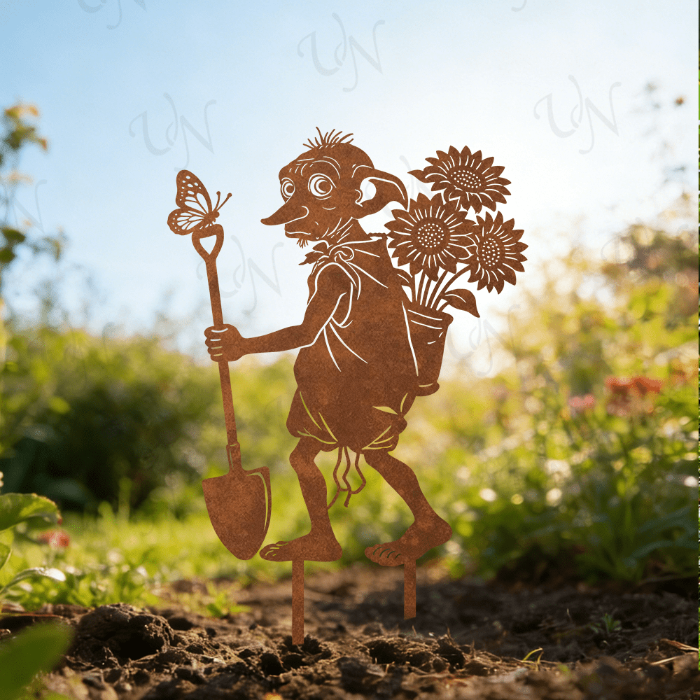 E-shop [2D Flach] . WB Dobby-Thema Vintage-Gartendekoration aus Metall, freistehende Außendekoration, kein erforderlich, geeignet für Blumentöpfe,