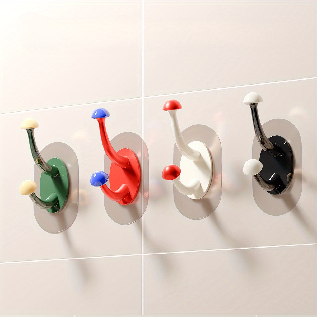 TEMU Spring And Summer 2025 Cute And Colorful Bamide Mushroom Shaped Adhesive Wall Hooks- No Drill, Anti-shedding, Strong Load Carrying Capacity,