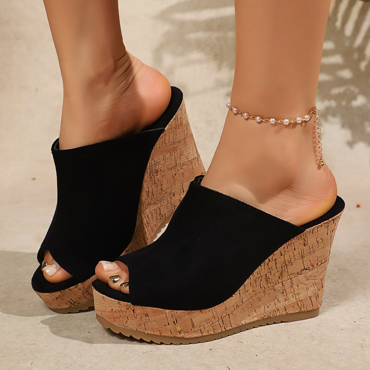 TEMU Zosivc Cork Wedge Sandals, Velvet Pointed Toe Open Toe Slides, Slip-on Height Increasing Outdoor Slippers, Women Shoes