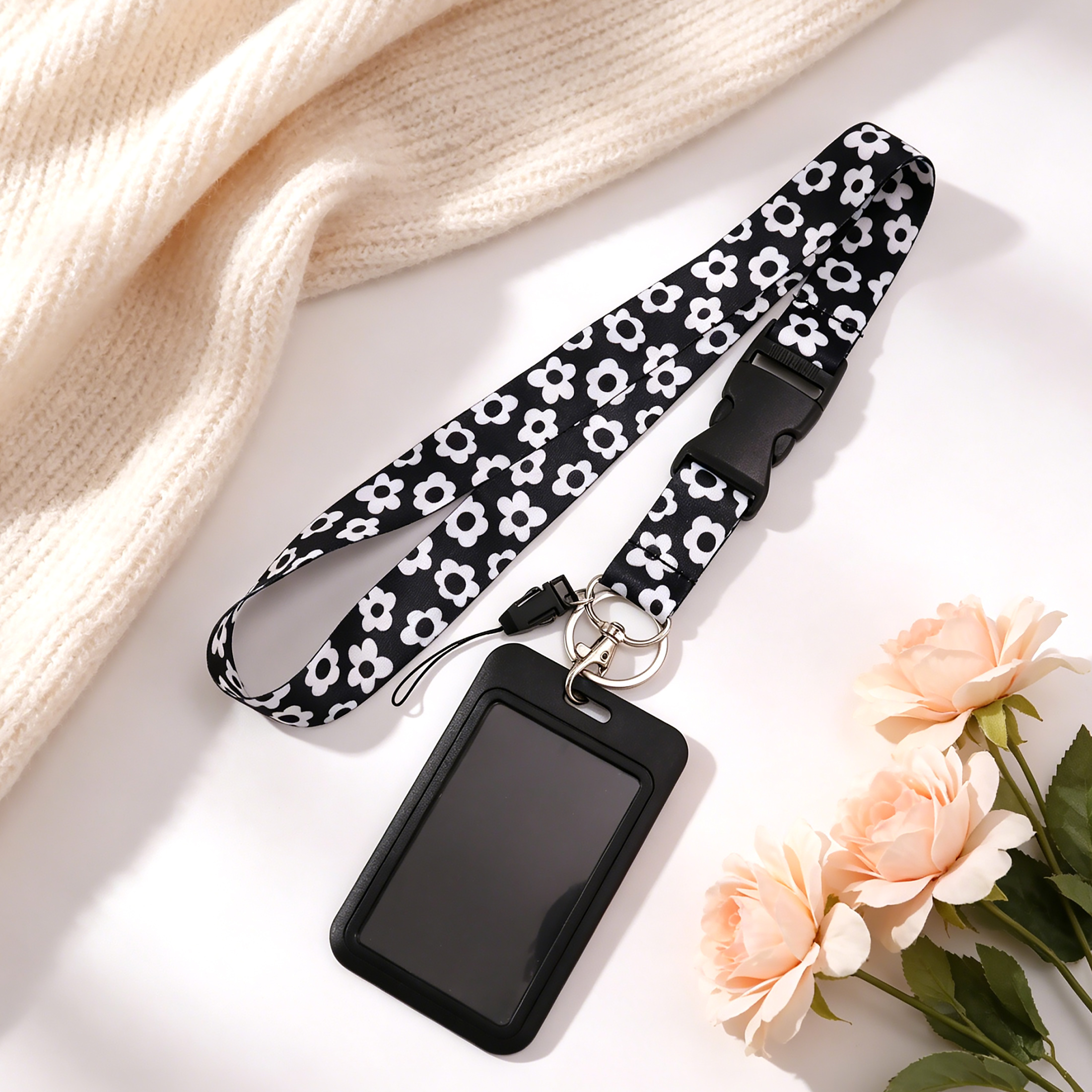 TEMU 1pc Hard Id Card Case Holder Release Daisy Floral Lanyard, Detachable Buckle Neck Strap, Lanyard For Keys, Work Id, Phone, Bus Card