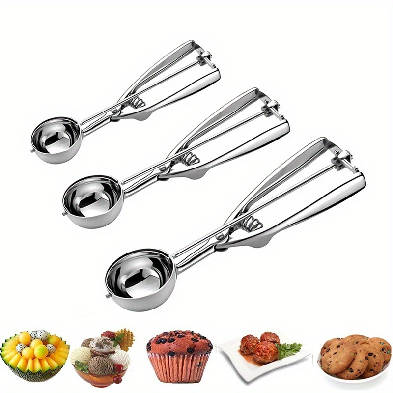 TEMU 3pcs Thickened Stainless Steel Ice Cream Measuring Scoop Fruit Scooper Cross Border Ice Cream Scoop, Ice Cream Scoop, With Trigger Release,