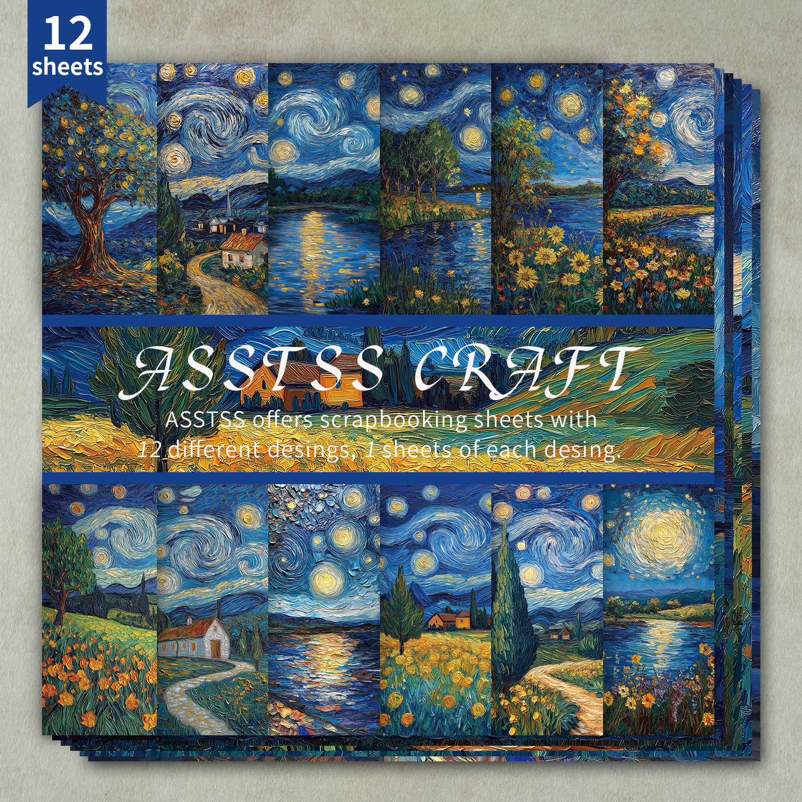 TEMU 12-sheet Asstss Scrapbooking Paper Pad, Post-impressionism Themed Backing Paper Supplies, Sturdy Cardstock Suitable For Journaling, Collage Art,