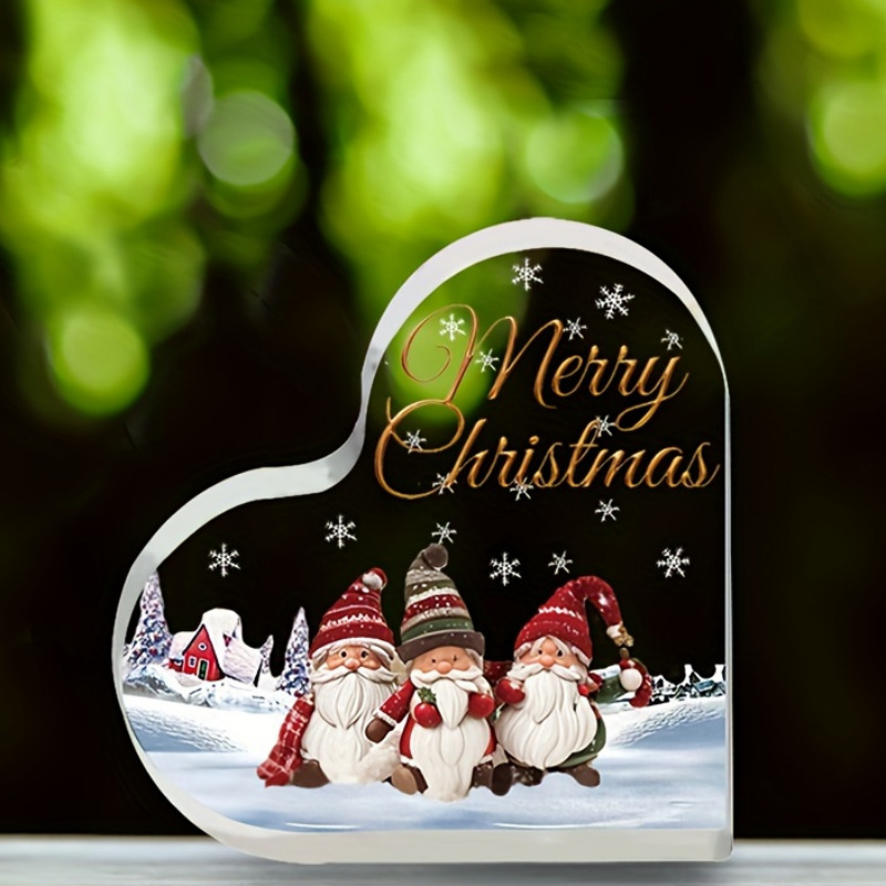 TEMU 2d Flat - [2d Flat] 2d Flat Acrylic Heart Ornament Featuring Santa Claus, Gnomes, Snowflakes, And Pine Trees, With Golden Lettering. This Decor